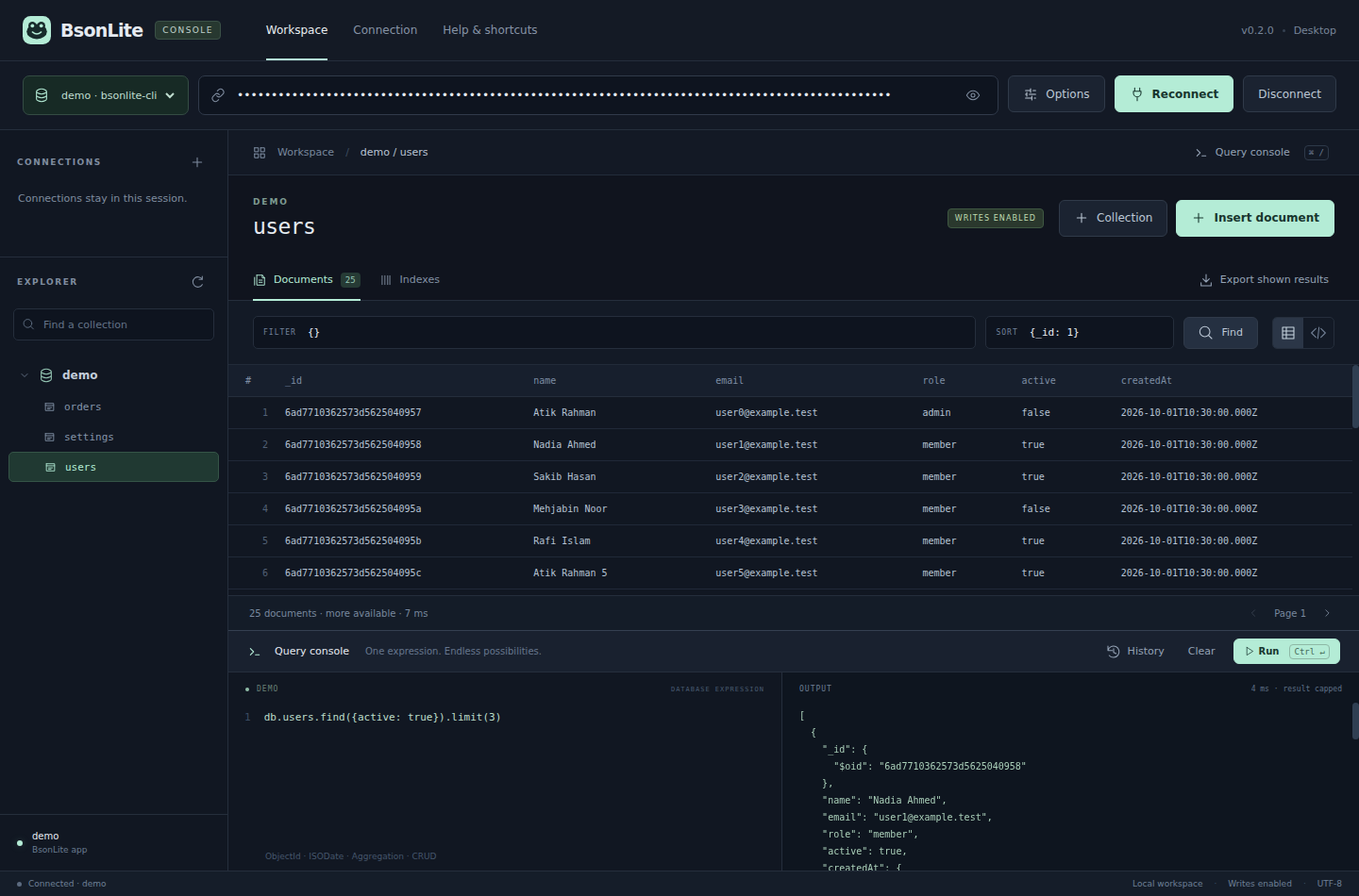 BsonLite Console showing collections, sample documents and the integrated query console